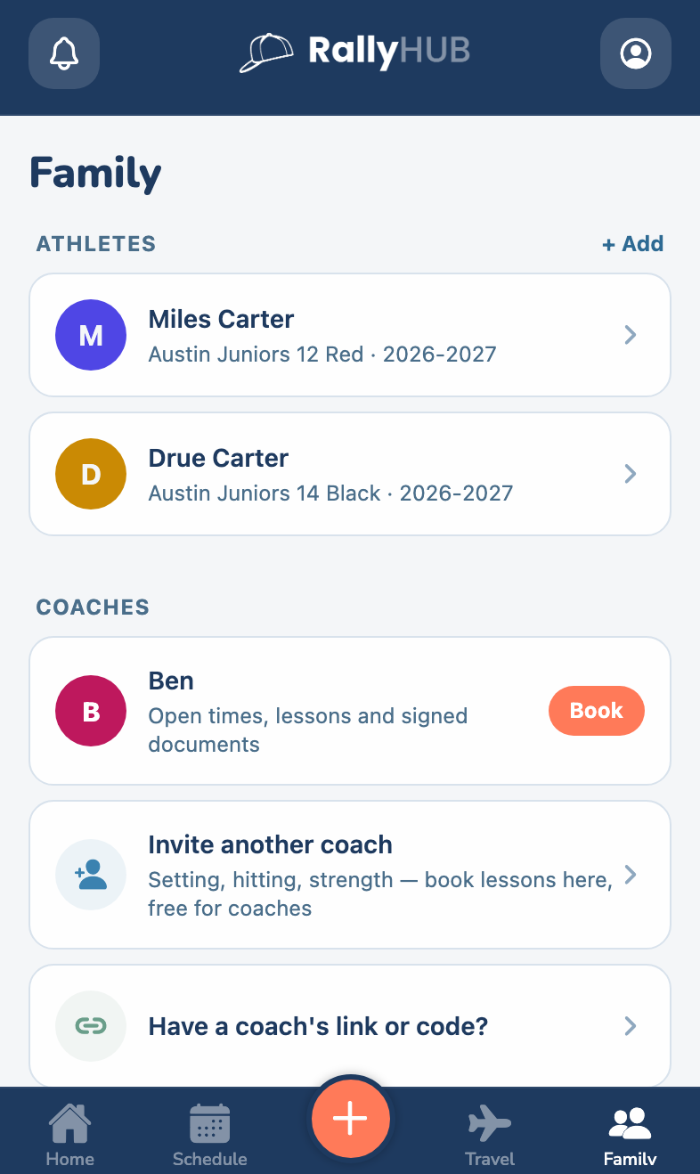 RallyHUB Family tab: athletes, coaches with a Book button, and Invite your coach