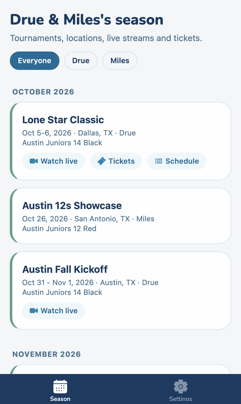 A grandparent's view in RallyHUB: Drue and Miles's tournaments by month with Watch live, Tickets and Schedule buttons