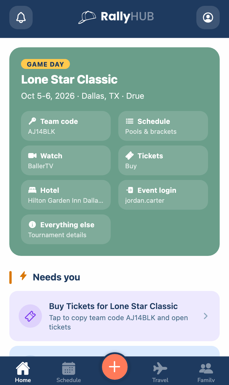 RallyHUB Home on game day: team code, pool schedule, live stream, tickets, hotel and event login, each one tap away