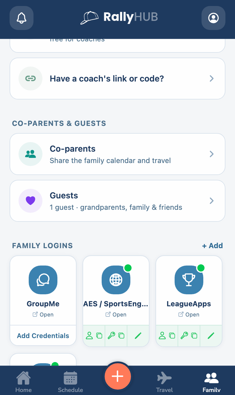 RallyHUB Family logins: GroupMe, AES / SportsEngine, LeagueApps and TeamSnap with copy-username and copy-password buttons