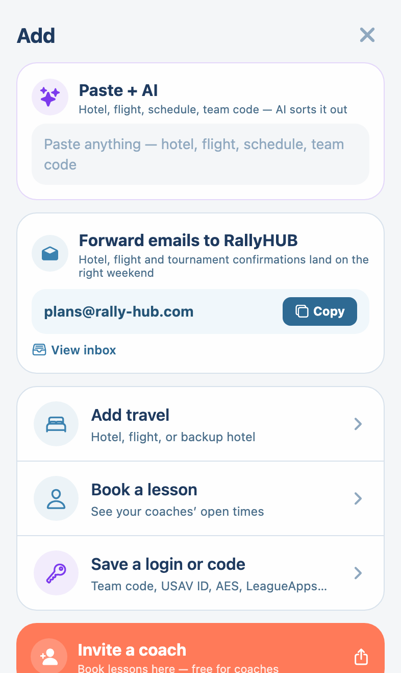 RallyHUB + sheet: Paste + AI, and forward confirmations to plans@rally-hub.com