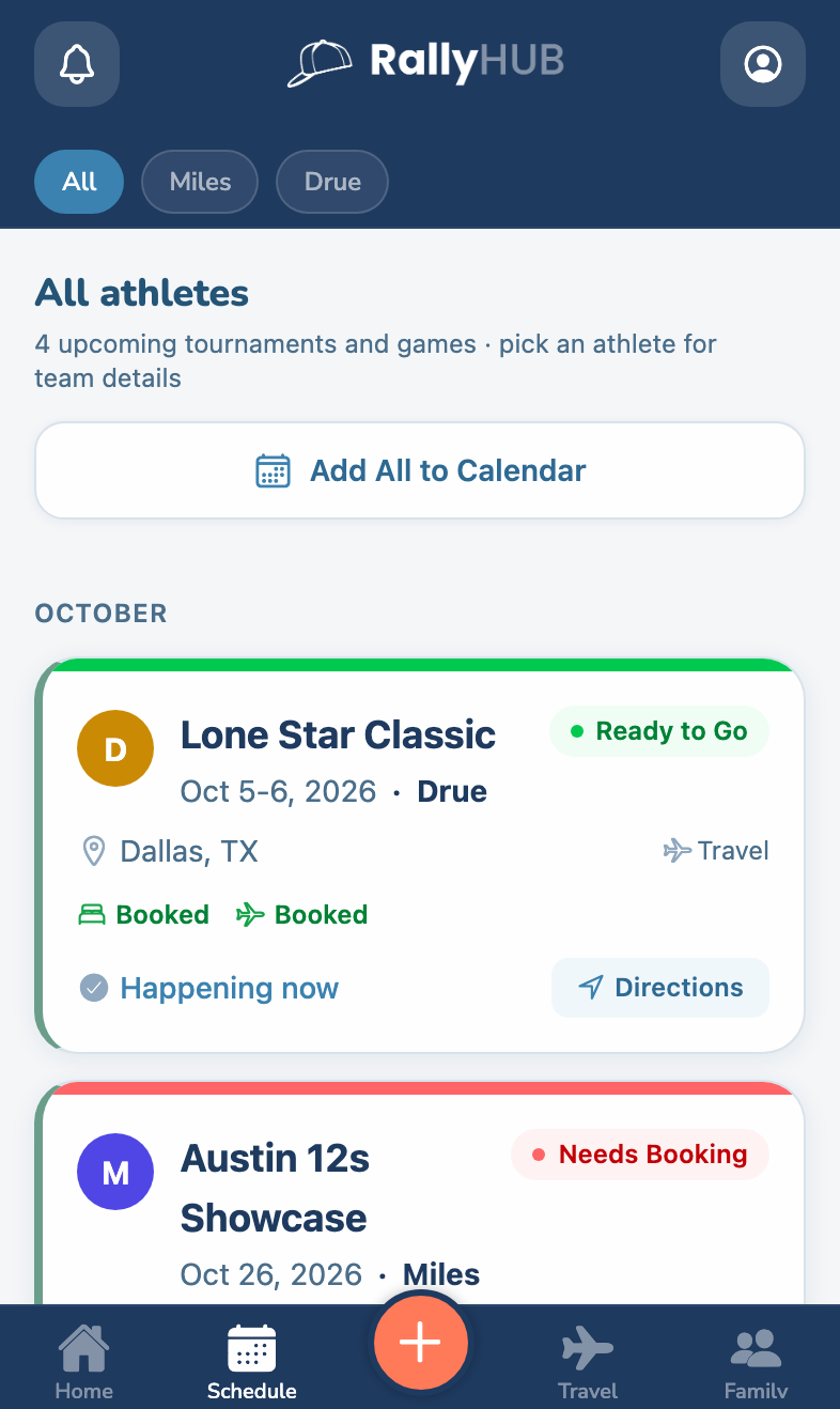 RallyHUB Schedule: every athlete's tournaments and games by month, with All / Drue / Miles filters
